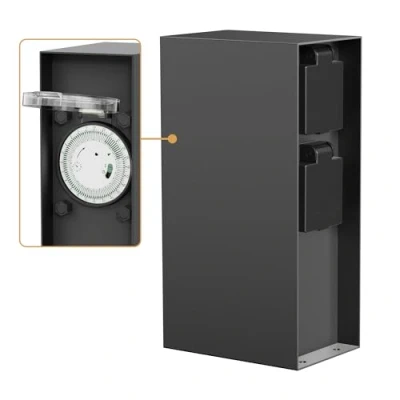 Image de ledscom.de Colonne de Prises Courant Jardin POMI pour l&#039;extérieur, IP44, minuterie/commutateur horaire, 2 Fois, Acier Inoxydable, Anthracite, carré, 23 cm, Poteau Courant,