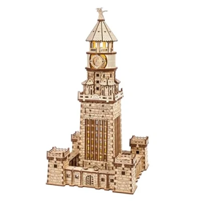 Image de Puzzle 3D Ugears Phare d&#039;Alexandrie Kits de Bricolage pour Adultes avec veilleuse LED Modèle en Bois à Assembler Cadeau Parfait Les 340 pièces