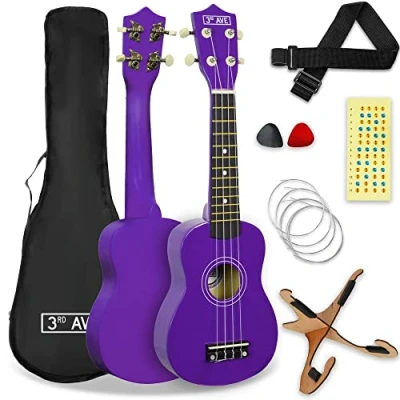 Image de 3rd Avenue Pack Ukulélé Soprano 53 Cm pour Débutants Housse, Stand, Sangle, Cordes, Médiators et Repères Autocollants Violet