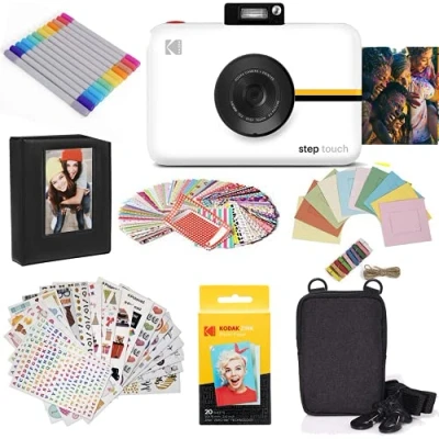 Image de KODAK Step Touch Appareil Photo instantané avec écran Tactile LCD de 3,5 Pouces (Blanc) Bundle : étui, album, marqueurs, paquet 20 papiers Zink, autocollants