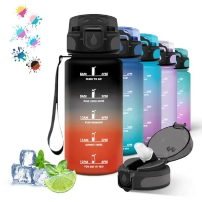 Image de Gourde Enfant, 500ml, Graduée pour 1 Journee, Facile à Nettoyer, Anti Fuite, Reutilisable avec Slogan de Motivation, l&#039;École, Extérieur, Camping, Noir Rouge