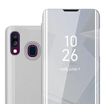 Image de cadorabo Coque Compatible avec Samsung Galaxy A40 en Agate Argent Miroir Clear View Pochette de Protection Fonction Support à 360 Degrés Style Livre Ultra Slim Case