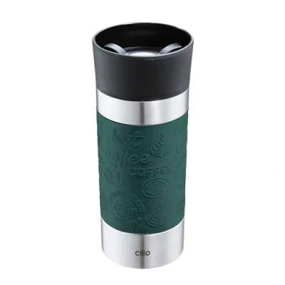 Image de Cilio Viaggio Gobelet isotherme, en acier inoxydable, à emporter, couvercle plastique, fermeture 360, système double paroi incassable, anti fuite, 360 ml, hauteur : 19 cm, vert foncé