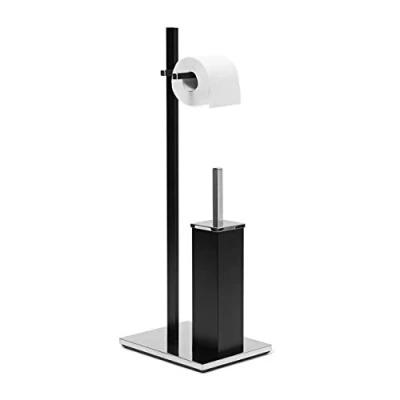 Image de Relaxdays 10020129 Ensemble support brosse WC porte papier toilettes inox dimensions Hxlxp 73 x 21,5 27,5 cm, noir, Acier Inoxydable, cm