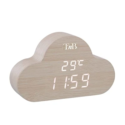 Image de T’NB Idee Cadeau Noel, Réveil Numérique Nuage en Bois avec LED, Multifonction, Horloge Digitale Affichage De L’Heure, Eclairage Ajustable, 3 Alarmes Programmables Finition