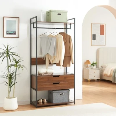 Image de [en.casa] Portant à Vêtements avec 2 Étagères de Rangement et Tiroirs Portemanteau Barre Penderie Dressing Ouvert Syle Industriel Métal MDF 180 x 84 40 cm Noir Effet Noyer