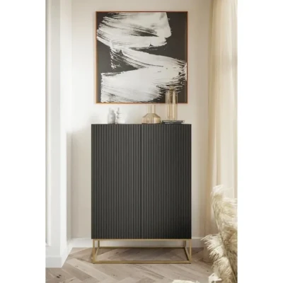 Image de Selsey Commode Armoire 2 Portes 3 Compartiments Façade Fraisée 90 cm sur Pieds Dorés Meuble De Rangement Noir Veldio