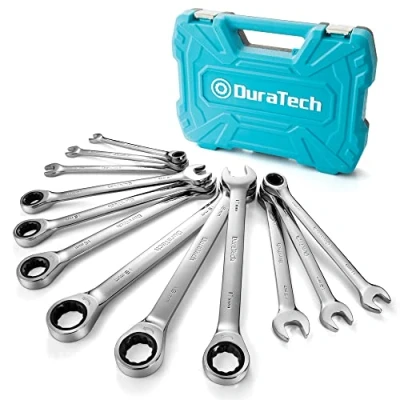 Image de DURATECH Lot de 12 Clés Plate à Cliquet, Ensemble Cliquet Combinées Système Métrique tête Fixe et Extrémité Ouverte, 8 19 mm, Acier Cr V, Organisé dans une Mallette Rangement