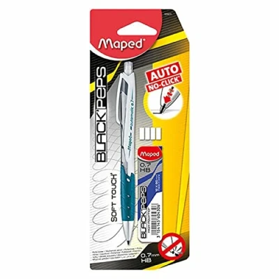 Image de Maped Porte Mine HB 0,7mm + Étui Mines 4 Gommes Crayon à avec Embout Gomme et Sortie de Automatique Préhension Soft Coloris Aléatoire Bleu, Rose, Vert