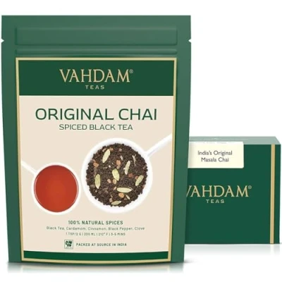 Image de VAHDAM, Thé Vrac Masala Chai Original d&#039;Inde (100g/50 Tasses) INGRÉDIENTS 100% NATURELS Noir Cannelle, Cardamome, Clous De Girofle &amp; Poivre Chaud Ou Glacé Façon Latte