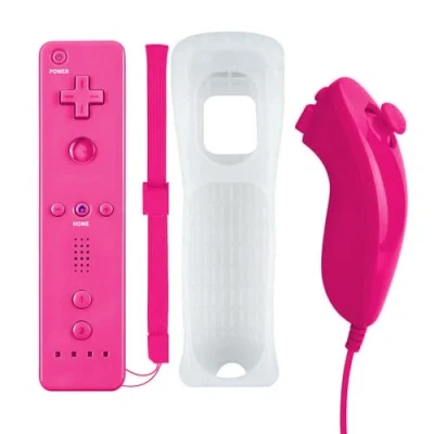 Image de QUMOX Manette pour Wii, Controleur de Mouvement à Distance, Télécommande et Nunchuk, Console Remplacement Compatibles avec Wii U Etui Protection en Silicone Rose
