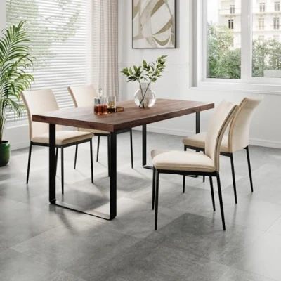 Image de Home Collective Lot de 4 chaises Salle à Manger Rembourrées et recouvertes Tissu, Structure métallique Noire, Design Moderne 62 x 43 85 cm (LxlxH), Hauteur d&#039;assise 48 Beige