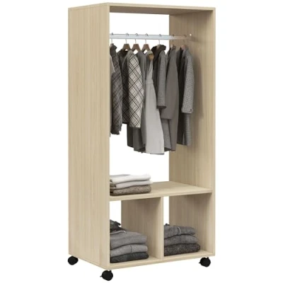 Image de HOMCOM Armoire penderie étagère 2 niches 4 roulettes pivotantes dim. 60L x 40l 128H cm Bois Naturel