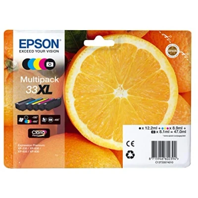 Image de Epson Multipack 33XL Orange, Cartouches d&#039;encre d&#039;origine XL Haute capacité, 5 couleurs: Noir, Cyan, Magenta, Jaune, Noir photo, XP 530 540 630 635 640 645 830 900 7100