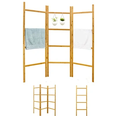 Image de DuneDesign Echelle Bambou Salle de Bain 180x180 Paravent Porte Serviettes Sur Pied Etagere Seche Serviette Sechoir a Linge Retractable Meuble Bois Deco