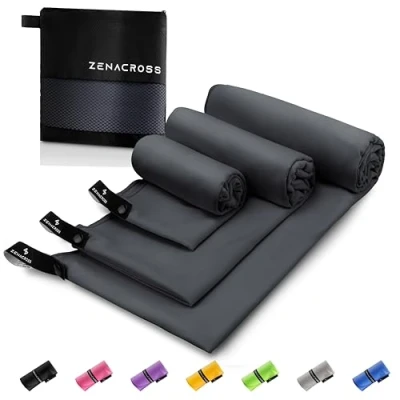 Image de ZENACROSS Serviette Microfibre (Set de 3) avec Sac Transport Sport Compacte, Séchage Rapide et Absorbante S, M, L Gris Foncé