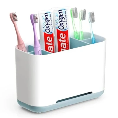 Image de GlasFlength Porte Brosse à Dents Amovible, Support a Dent Electrique brosses avec 2 Compartiments et Trous de Drainage Stand Dentifrice Antidérapant Range (Bleu)