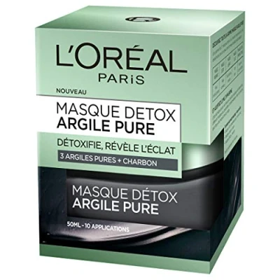 Image de L&#039;Oréal Paris Masque Argile Visage Détoxifiant Anti Impuretés Purifiant &amp; Révélateur d&#039;Éclat Aux 3 Argiles Pures et au Charbon Résultats Visibles Tous Types de Peaux 50 ml