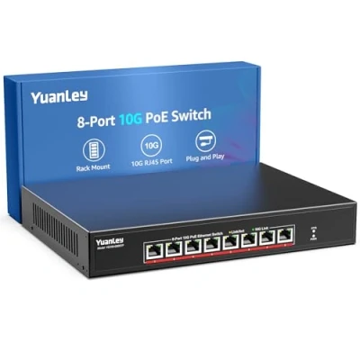 Image de YuanLey 10G Switch PoE 8 Port Non Géré, x Base T Ports, IEEE802.3af/at, Alimentation Intégrée 110W, Compatible avec 1G/2,5G/5G/10G, Montage en Rack/Mur Commutateur Réseau 10Gbe Métal
