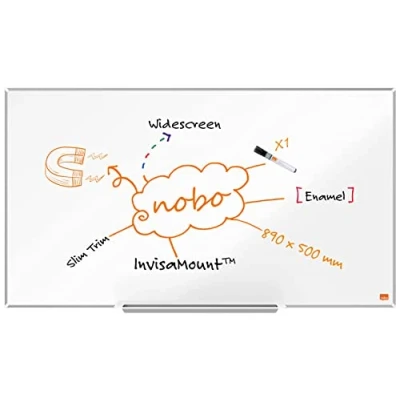 Image de Nobo Tableau Blanc Magnétique Émaillé Widescreen avec Porte Marqueurs, 890 x 500 mm, Bords Fins, Système de Fixation InvisaMount, Impression Pro, Blanc, 1915249