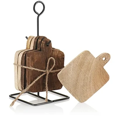 Image de com four® Ensemble de 6 sous Verres en Bois véritable avec Support pour Tasses et protège Table récipients à Boire métal (6 pièces véritable)