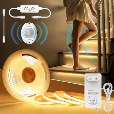 Image de Ruban LED COB 3M avec Détecteur de Mouvement, Bande Blanc Chaud Dimmable 3000K, Bandeau Lumineuse Autocollant Etanchte IP44, Alimentation pour Armoires, Cuisines, DIY, Escaliers