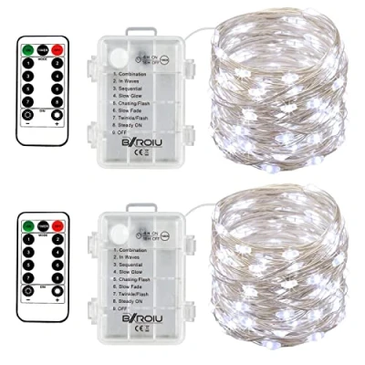 Image de BXROIU 2 x50LEDs Guirlande Lumineuse batterie par 5 Mètres Micro Argent Câble 3AA Opération a pile étanche avec télécommande 8 Programme (Blanc Froid)