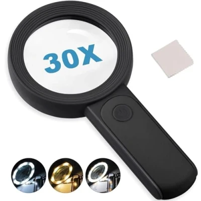 Image de loupe avec 18 lumières LED, Double lentille de Verre 30x, Lecture éclairée Poche pour Les Personnes âgées, la Lecture, pièces Monnaie, Timbres, Cartes, l&#039;inspection