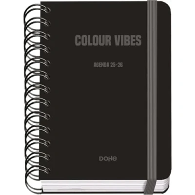 Image de Dohe Agenda Scolaire 2025 2026 Page Par Jour, Taille A6 (12x17 cm), Espagnol et Anglais, Fermeture à Spirale Double Élastique, Couverture Rigide, 4 Pages d&#039;Autocollants COLOUR VIBES Noir