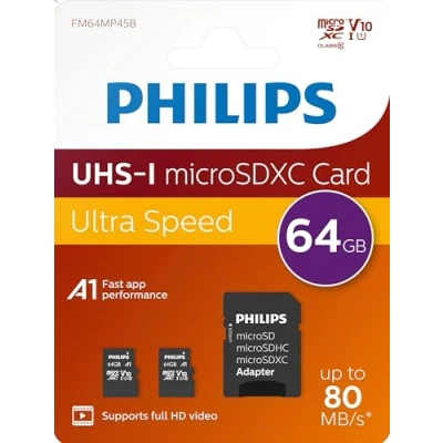 Image de Philips Ultra Speed carte microSDXC Card 2x 64 Go + adaptateur SD UHS I U1, vitesse de lecture jusqu&#039;à 80 Mo/s, A1 Fast App Performance, V10, mémoire pour smartphones, tablette, PC,vidéo Full HD