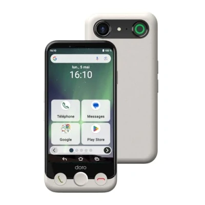 Image de Doro Smartphone Aurora A10 Téléphone Portable Senior Facile à Utiliser Touche d&#039;Assistance avec Localisation GPS Compatible Appareils Auditifs Câble USB Inclus Blanc