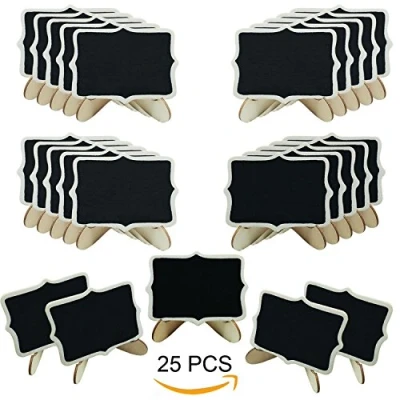 Image de Woohome 25 PCS Mini Tableau Noir Bois avec Support Base, Ardoise pour Panneaux à Message Board Mariage Dîner Party