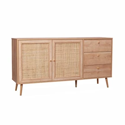 Image de Alice&#039;s Home Buffet de Rangement Naturel en cannage 2 Portes 3 tiroirs. Bas. L150 x l39 H79cm Bohème