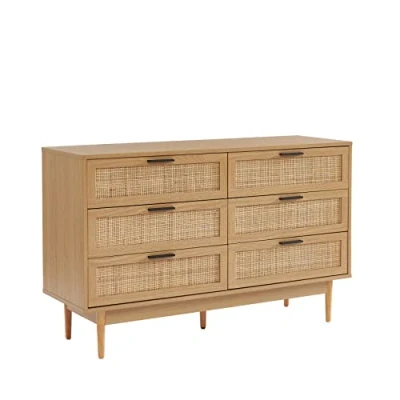 Image de BAÏTA Commode Amana Effet chêne et cannage en rotin 6 tiroirs