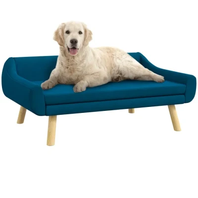 Image de PawHut Canapé pour Chien Chat Design scandinave Coussin Moelleux Amovible Tissu Aspect Velours Pieds Bois Massif 102L x 58,5P 42,5H cm, Bleu