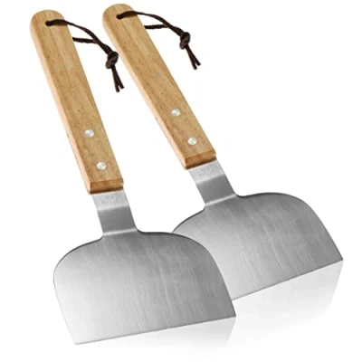 Image de com four® 2X grattoir à Griller avec Manche en Bois spatule Acier Inoxydable et pour Retourner Les Aliments grillés tels Que Hamburgers (02 pièces Griller)