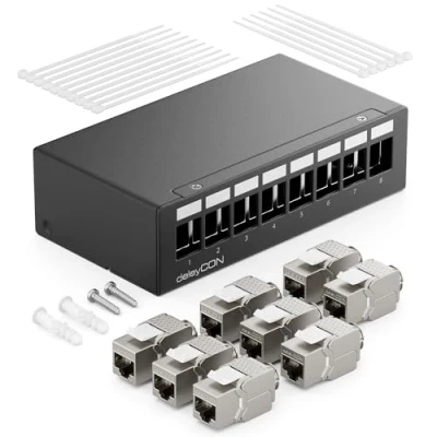 Image de deleyCON Panneau de Brassage 8 Ports Kit Distribution 1U + 8x RJ45 Modules Keystone Jack STP CAT6a Compatibles avec Câble Fixes CAT5 CAT6 CAT7 Câbles Réseau Ethernet LAN DSL Noir