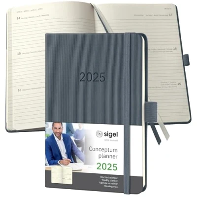 Image de SIGEL C2567 Agenda semainier 2025, A6, couverture rigide, gris foncé Conceptum