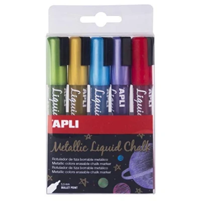 Image de Apli 17082 5 marqueurs liquide craies Utilisables sur tableau vert,fenêtre, ardoise effaçable avec un chiffon humide pointe ronde 5,5 mm couleurs assorties métal