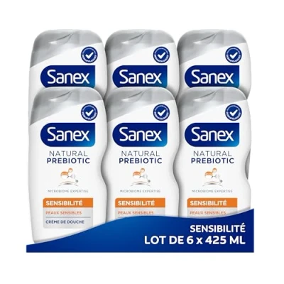 Image de SANEX Natural Prebiotic Peau Sensible Gel douche formule Crème Nettoie en Douceur Minimise Risque d’Irritation* Complexe Prébiotique &amp; Postbiotique Testé Dermatologiquement Lot de 6 X 425mL