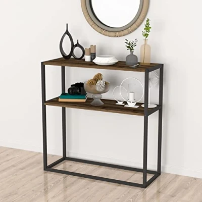 Image de [en.casa] Table Console pour Salon d&#039;Appoint Rectangulaire avec Surface de Rangement Panneau Particules Métal 90 x 34 cm Effet Chêne Patiné Noir