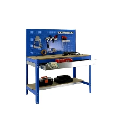 Image de SimonRack Etabli d’Atelier, Capacité de Charge 600 kg, 1445x1210x610 mm, Panneau Perforé, Étagère Tiroir Rangement, Table Travail Bricolage, Bleu/Bois BT2