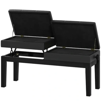 Image de HOMCOM Banc de Piano réglable en Hauteur, Tabouret avec Rangement, Banquette pour Clavier capitonné, Pieds Bois d&#039;hévéa, Noir