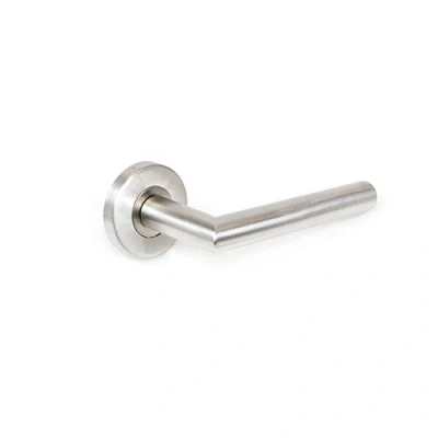 Image de Emuca Poignée de porte intérieur, ensemble poignées avec rosace D.53 mm, Modèle L R, Acier inoxydable, Nickel satiné.