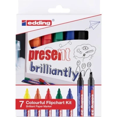Image de edding Kit chevalet coloré Etui de 7 marqueurs Couleurs lumineuses Encre qui ne traverse pas le papier pour présentations et sketchnotes Stylos feutres tableau