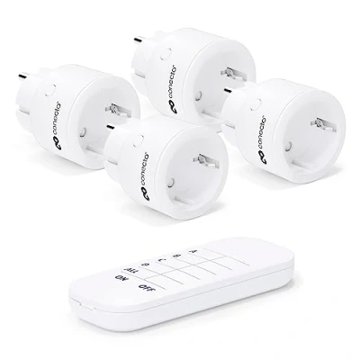 Image de conecto® Set de prises sans fil: 4x fil et 1x télécommande, usage intérieur, 2300 watts, design compact, blanc