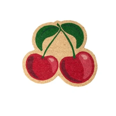 Image de fisura. Paillasson Original Cerises en Fibre de Coco avec Base antidérapante PVC. Tapis d&#039;entrée Rouge et Vert Forme Cerise. Idéal pour Une déco Unique. Dimensions : 54 cm x 50 cm.
