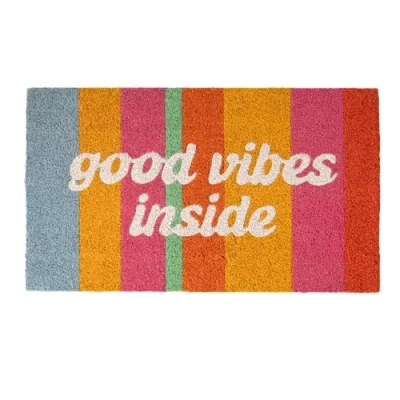 Image de fisura. Paillasson d&#039;entrée Good Vibes Inside en Fibre de Coco avec Base antidérapante PVC. Tapis Original Multicolore Peint à la Main. Dimensions : 70 cm x 40 cm.