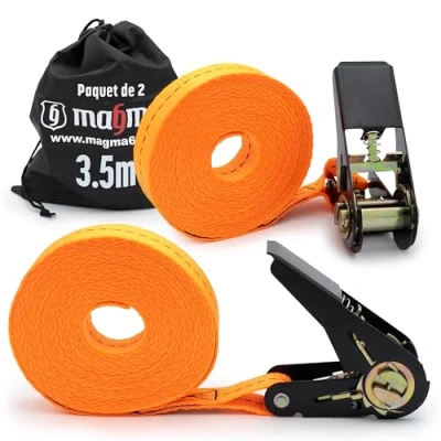 Image de MAGMA 2 Sangles à Boucle Came 3,5 m Sangle Cliquet pour Galeries de Toit et Remorques Réglable, Attache Kayak, Planche Surf, Canoë, Vélo, Moto Force Rupture 1600kgf/unit, Couleur Orange