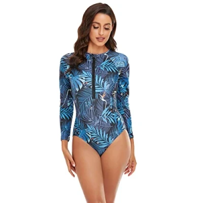 Image de BEACHKINI Maillot De Bain Zippé à Manches Longues pour Femmes Une Pièce Décontracté,11 Bleu,XL